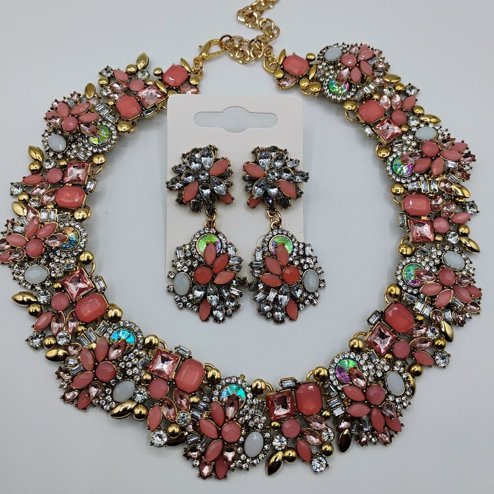 Pink/Peach 18 inch black, gold and clear crystal choker necklace set w/ earrings